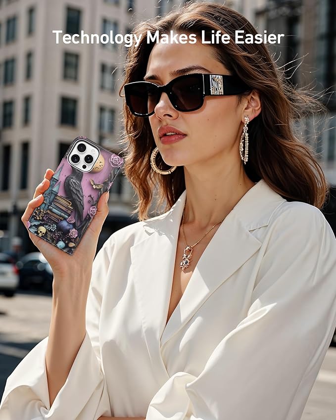 DEENAKIN for iPhone 15 Pro Max Wallet Case with Card Holder + Cash Clip, RFID-Blocking, Military-Grade Drop Protection, Magnetic Closure with Leather Kickstand - Gothic Skull & Raven