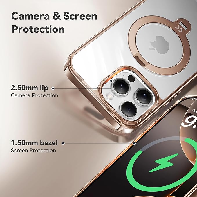 CASEKOO Desert Titanium 360° Polished for iPhone 15 Pro Case with Spin Magnetic Stand [Compatible with Magsafe][16FT Military Protection] Clear Back for 15 Pro Case Ring Kickstand 6.1'', Rose Gold