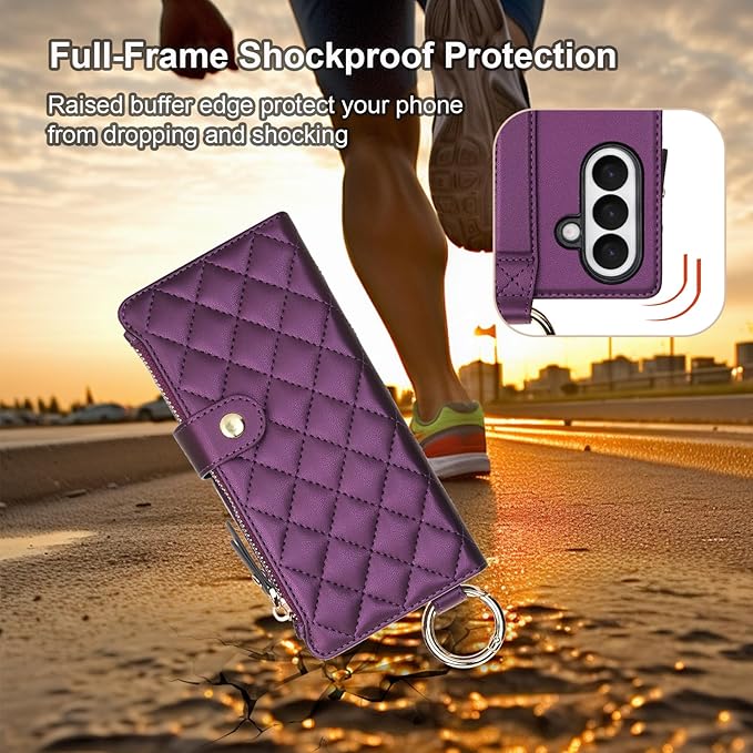 KIHUWEY for Galaxy Z Fold 7 Wallet Case with Card Holder Premium Leather Magnetic RFID Blocking Shockproof Zipper Wrist Strap Lanyard Cover for Samsung Galaxy Z Fold 7 8.0 Inch (Dark Purple)