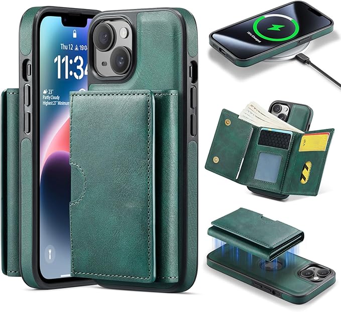 Asuwish Phone Case for iPhone 14 6.1 inch Wallet Magnetic Detachable Cell Cover with Wireless Charging and RFID Blocking Credit Card Holder Flip Stand iPhone14 5G i i-Phone i14 14Case Women Men Green