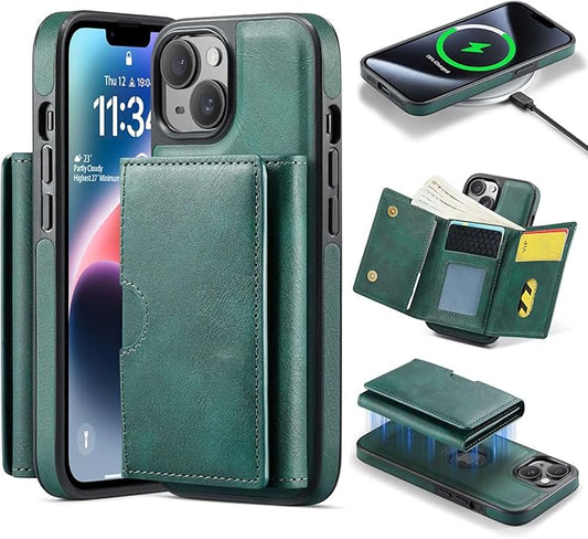 Asuwish Phone Case for iPhone 14 6.1 inch Wallet Magnetic Detachable Cell Cover with Wireless Charging and RFID Blocking Credit Card Holder Flip Stand iPhone14 5G i i-Phone i14 14Case Women Men Green