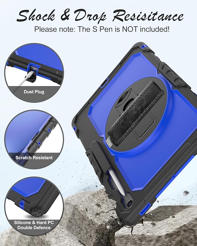 Case for Samsung Galaxy Tab S10 FE Plus 5G Tablet 13.1'', Shockproof Protective Cover with Tempered Glass Screen Protector, Rotatable Kickstand, S Pen Holder, Hand/Shoulder Strap, Blue