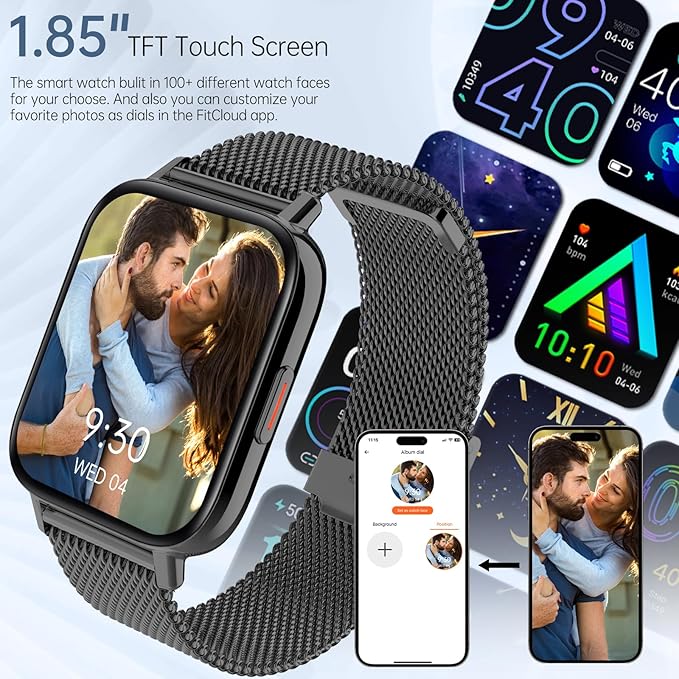 Smart Watch for Men Women (Answer/Make Calls) 1.85" HD Fitness Tracker Smartwatch Compatible Android iOS Phones with Step Counter/Heart Rate/Sleep,120+ Sports Modes IP68 Waterproof, Black 2 Bands