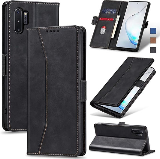 Jasonyu Flip Wallet Case for Samsung Galaxy Note 10 Plus,Leather Magnetic Folio Cover with Card Holder,Kickstand - TPU Shockproof Durable Protective Phone Case,Black
