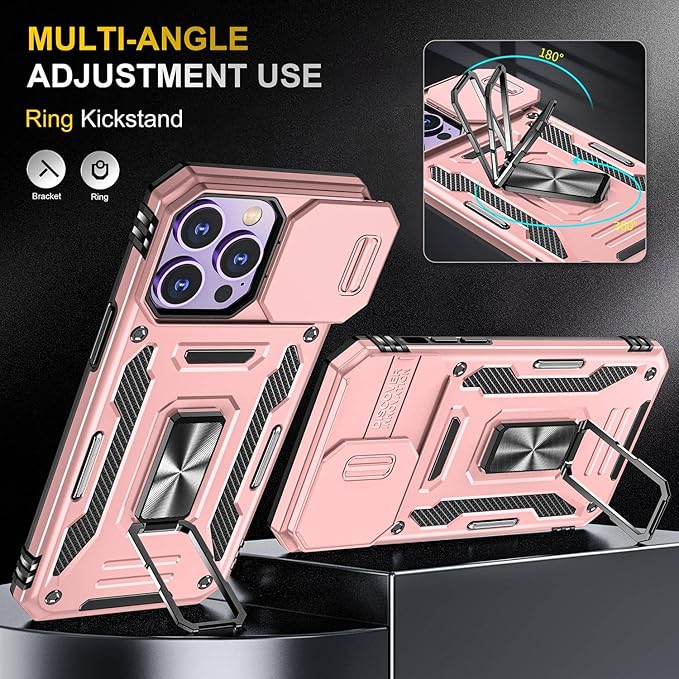 Phone Case for iPhone 14 Pro Case with Camera Cover, with Ring Holder Kickstand, with Magnetic Car Mount Function, for iPhone 14 Pro (Rose Gold)