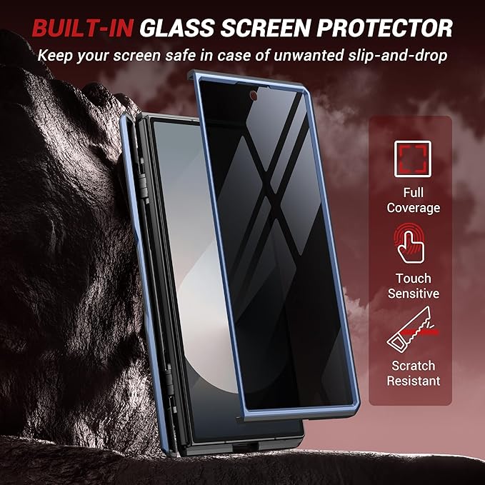 TONGATE 360° Spin Magnetic Stand for Z Fold 7 Case with Privacy Screen Protector, [Compatible with Magsafe] [Anti Spy] [360° Ring Holder] Full-Body Shockproof Case for Samsung Galaxy Z Fold 7, TiBlue