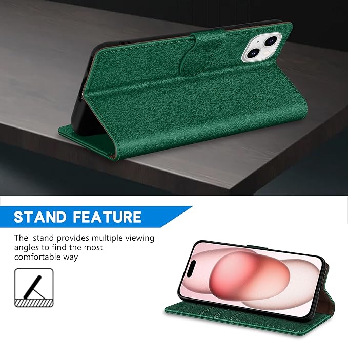 ZZXX for iPhone 15 Wallet Case with [RFID Blocking] Card Slot Kickstand Magnetic Closure Leather Flip Fold Protective Phone Case for iPhone 15 Case Wallet(Green-6.1 inch)