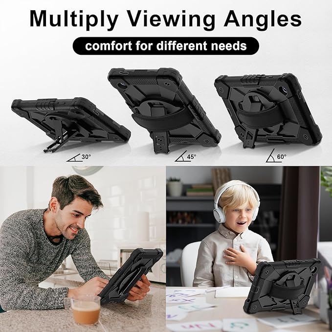 for Samsung Galaxy Tab A9 Case 8.7 inch (SM-X110/X115/X117), Heavy Duty Shockproof Silicone Cover Rugged 360 Stand Hand Shoulder Strap for Galaxy A9 Tablet Black+Black