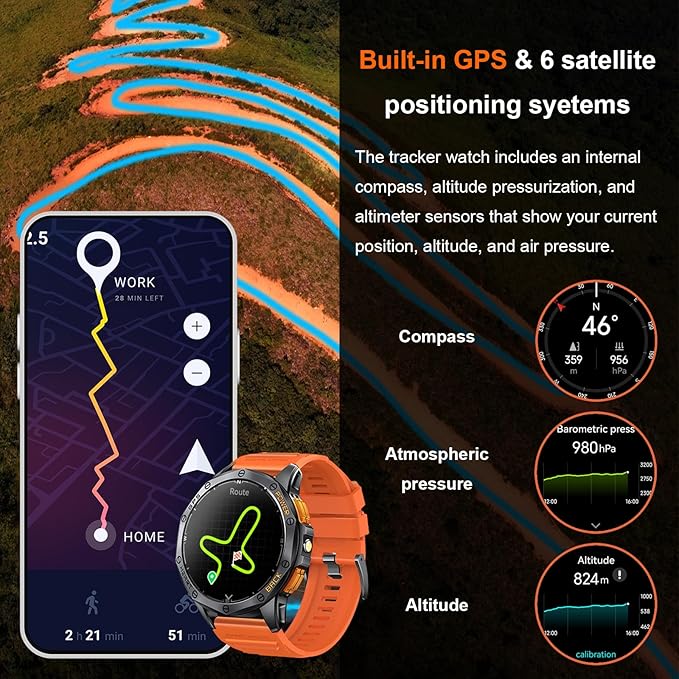 Military Smart Watches Built-in GPS, 170+ Sport Modes for Men with Flashlight, Smartwatch for Android Phones and iPhone, 1.43" AMOLED Screen Bluetooth Call Compass Altimeter (Black & Orange (2 Bands))