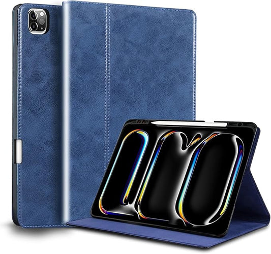 for Ipad Pro 13-inch Case M4 7th Gen 2024(Model:A2925/A2926) Genuine Leather Cover Protective Shell,Built-in Pencil Holder and Auto Wake/Sleep.Blue