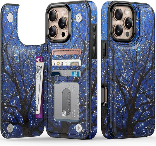 FUNMIKO for iPhone 16 Pro Max Wallet Case with Card Holder, RFID-Blocking, Military-Grade Protection & UV-Printed Artwork, Magnetic Closure with Leather Kickstand - Dreamy Wishing Tree