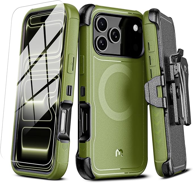 M MYBAT PRO For iPhone 17 Pro Max Case with Belt Clip Holster, Maverick Series 17 Pro Max Case[Compatible with Magsafe]w/Screen Protector,Anti-Drop,with 360°Rotating Kickstand,Heavy Duty Protection