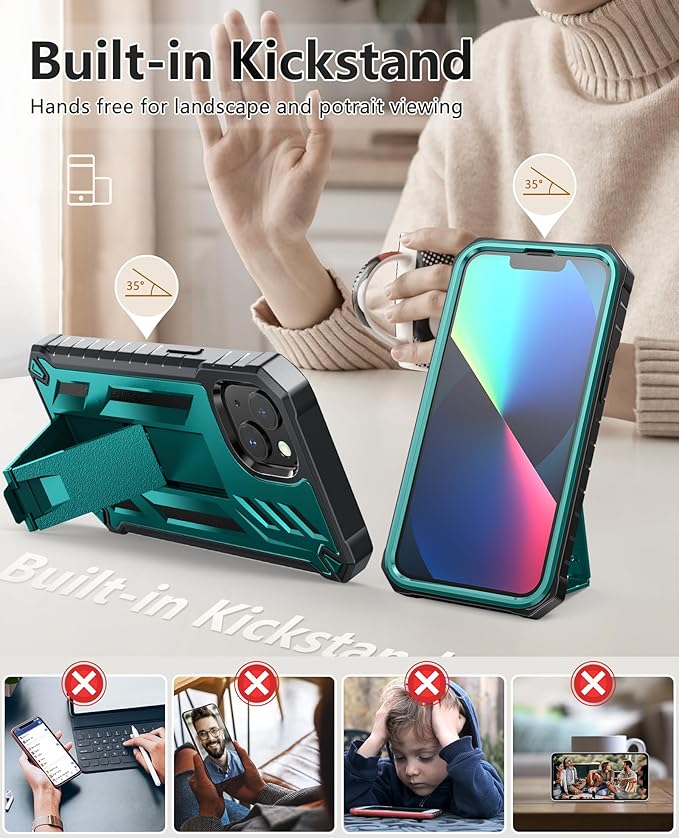 for iPhone 13/14 Protective Case: for iPhone 16e Cover Heavy Duty Military Grade Hard Protection Shock Proof Grip | Durable Dual-Layer Design with Built-in Kickstand Teal