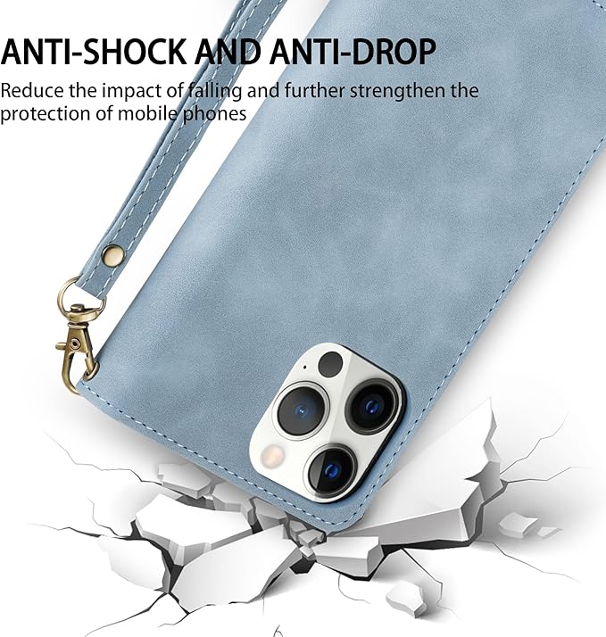 ZZXX for iPhone 12 Pro Max Wallet Case with Card Slot Premium Soft PU Leather Zipper Flip Folio Wallet with Wrist Strap Kickstand Protective for iPhone 12 Pro Max Case Wallet(Light Blue 6.7 inch)