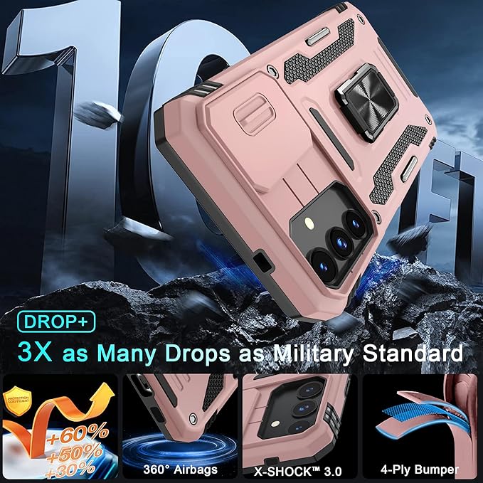 DEERLAMN Case for Samsung Galaxy S24+ Plus with Slide Camera Cover+Screen Protector (1 Pack), Rotated Ring Kickstand Military Grade Shockproof Protective Cover-Rose Gold