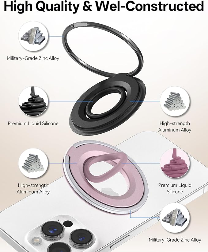 [2025 Upgrade] Magnetic Phone Grip for Phone Ring Holder, Two-Sided Magnets Phone Ring Grip Finger Kickstand Compatible with iPhone 17 Pro/Max 16 15 14 13 12 11 Plus & Android Phone (pink1)