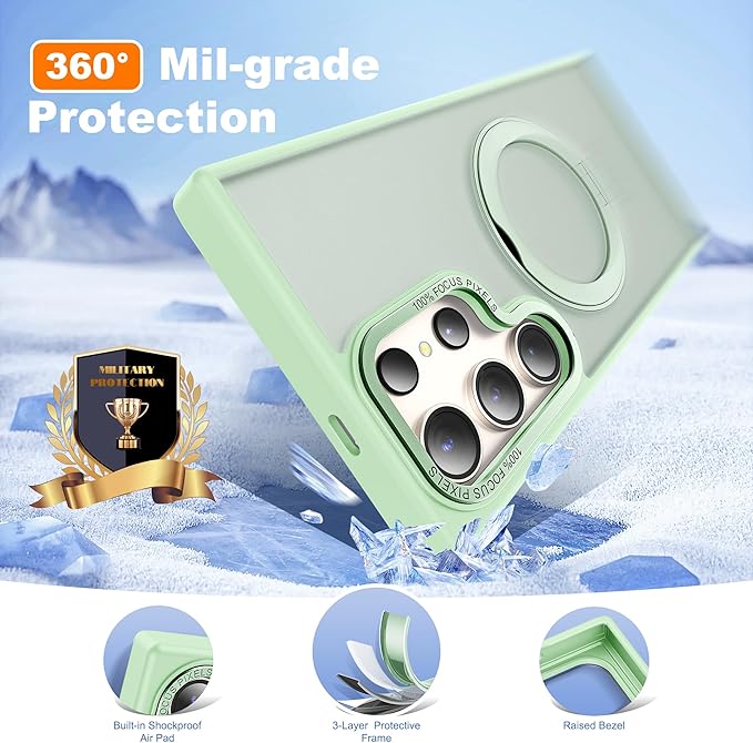 Compatible with Samsung Galaxy S22 & S23 Ultra Case with 360Rotatable Magnetic Ring Stand Compatible with Mag-Safe Military Protection Shockproof Translucent Phone Case,Green