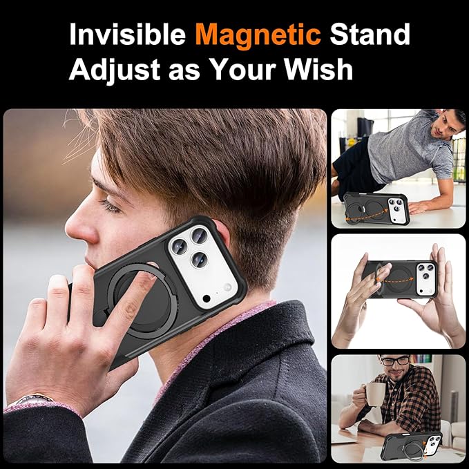 Compatible with iPhone 17 Pro Max Case with Invisible Magnetic Ring Stand [Compatible with Magnetic] [Military Drop Protection] Shockproof Slim Hard Back Soft Edge Case 6.9 Inch, Black