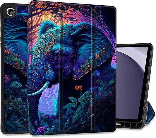 MEEgoodo Case for Samsung Galaxy Tab A9 Plus 11 inch Cover 2024 2023 with S Pen Holder, A9+ Smart Tablet Cases with Leather Trifold Stand+Soft TPU Back Shell+Smart Auto Wake/Sleep, Elephants