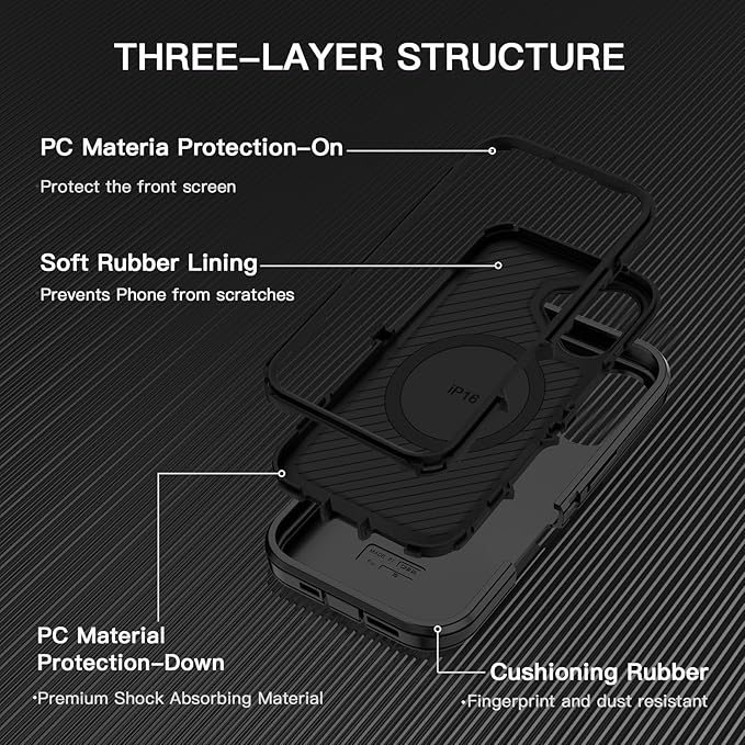 for iPhone 16 Plus Case [Compatible with MagSafe] Shockproof 3-Layer Full Body Protection [Without Screen Protector] Rugged Heavy Duty Cover Case for Apple iPhone 16 Plus 6.7",Black/Black