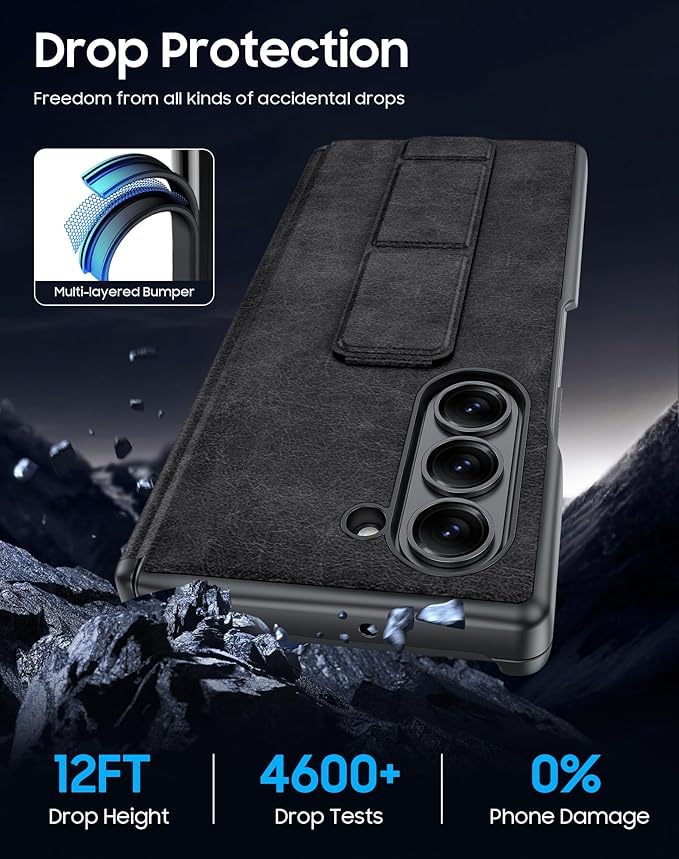 for Samsung Galaxy Z Fold 6 Case with Hand Strap & Kickstand & Hinge Protection, Ultra Slim Skin Feel Pattern Printing Full Body Shockproof Phone Case for Z Fold 6, No Screen Protector (Vintage Black)