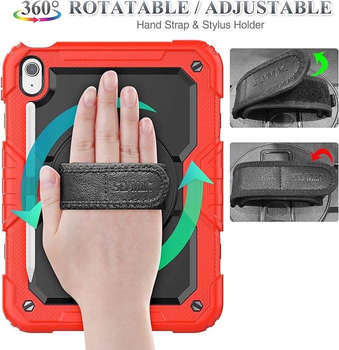 SEYMAC stock Case for iPad (A16) 11th/10th Generation 11''/10.9'' 2025/2022, Full-Body Drop Protection Case with Screen Protector &360° Rotate Hand Strap/Stand, Black+Red