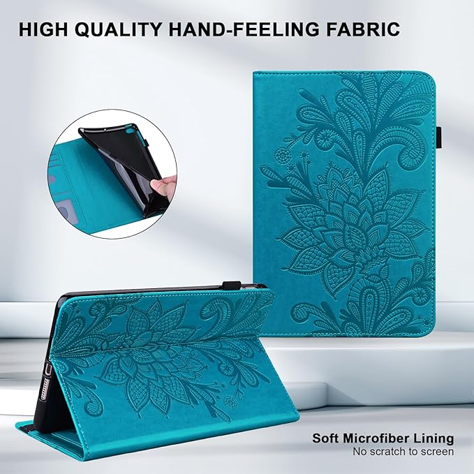 Case for Lenovo Tab M10 Plus 3rd Gen 10.6 Inch 2022 (TB125FU/128FU), Embossed Lace PU Leather Flip Folio Tablet Case with Elastic Band & Card Slots/Holder, Multi-Angle Viewing Stand Cover, Blue