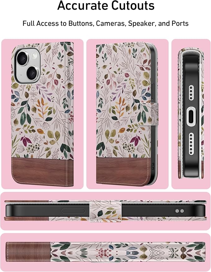 DEENAKIN for iPhone 15 Plus Wallet Case with Card Holder + Cash Clip, RFID-Blocking, Military-Grade Drop Protection, Magnetic Closure with Leather Kickstand - Vibrant Foliage