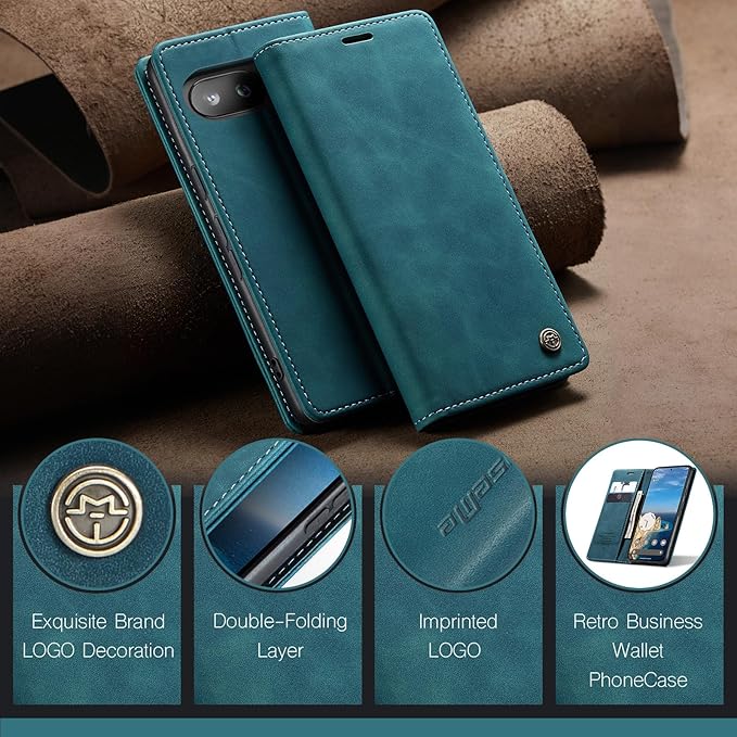 for Google Pixel 9a Case, Flip Wallet Leather Case with Card Holder Magnetic Closure Shockproof Kickstand Protective Phone Cases Cover for Pixel 9a, Blue-Green