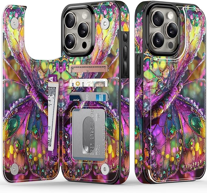 FUNMIKO for iPhone 13 Pro Max Wallet Case with Card Holder, RFID-Blocking, Military-Grade Protection & UV-Printed Artwork, Magnetic Closure with Leather Kickstand - Vibrant Elegant Butterfly