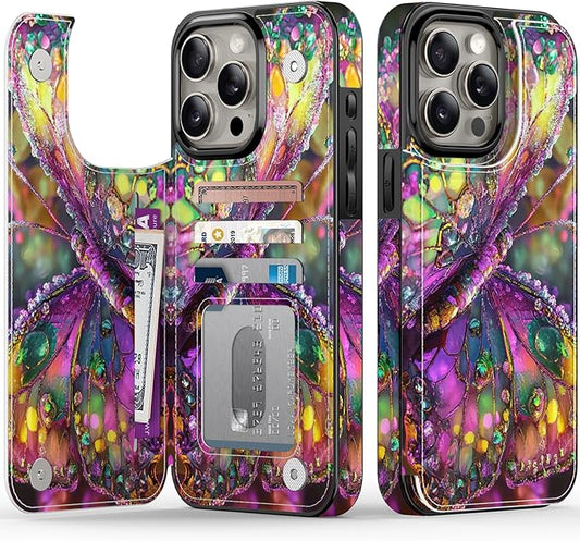 FUNMIKO for iPhone 13 Pro Max Wallet Case with Card Holder, RFID-Blocking, Military-Grade Protection & UV-Printed Artwork, Magnetic Closure with Leather Kickstand - Vibrant Elegant Butterfly