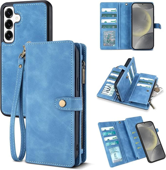TwoHead for Samsung Galaxy S24 Wallet Case with Card Holder,Detachable Magnetic Phone Case for Galaxy S24,PU Leather Shockproof Protective Phone Cover Wallet with Wrist Strap(6.1 in,Sky Blue)