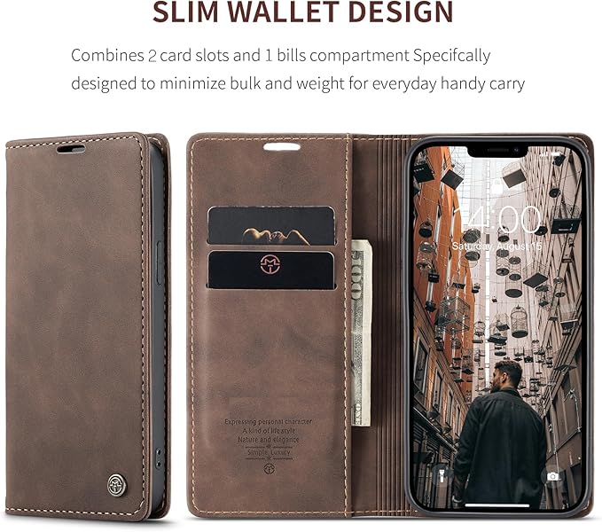 for iPhone 13 Pro Case, Flip Wallet Leather Case with Card Holder Magnetic Closure Shockproof Kickstand Protective Phone Cases Cover for iPhone 13 Pro, Coffee
