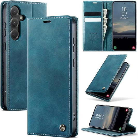 Wallet Case for Samsung Galaxy S24 5G Leather Wallet Flip Cover with Card Holder, Kickstand, Magnetic Closure, RFID Blocking TPU Shockproof Phone Case Compatible with Galaxy S24, Blue-Green