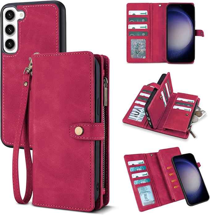 TwoHead for Samsung Galaxy S23 Wallet Case with Card Holder & Detachable Magnetic Phone Case for Galaxy S23,PU Leather Shockproof Protective Phone Cover Wallet with Wrist Strap(6.1 in,Wine Red)