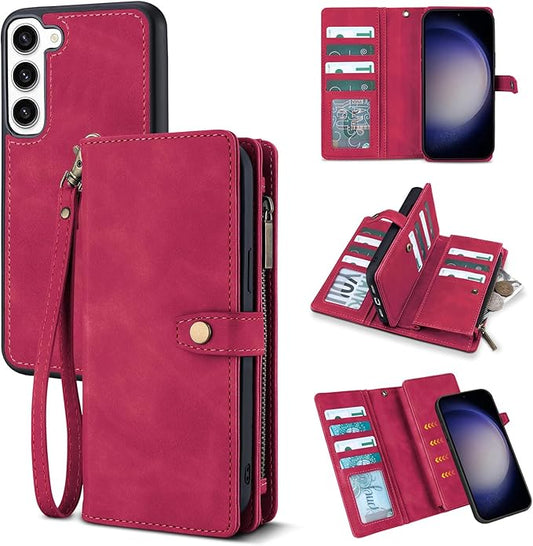 TwoHead for Samsung Galaxy S23 Wallet Case with Card Holder & Detachable Magnetic Phone Case for Galaxy S23,PU Leather Shockproof Protective Phone Cover Wallet with Wrist Strap(6.1 in,Wine Red)