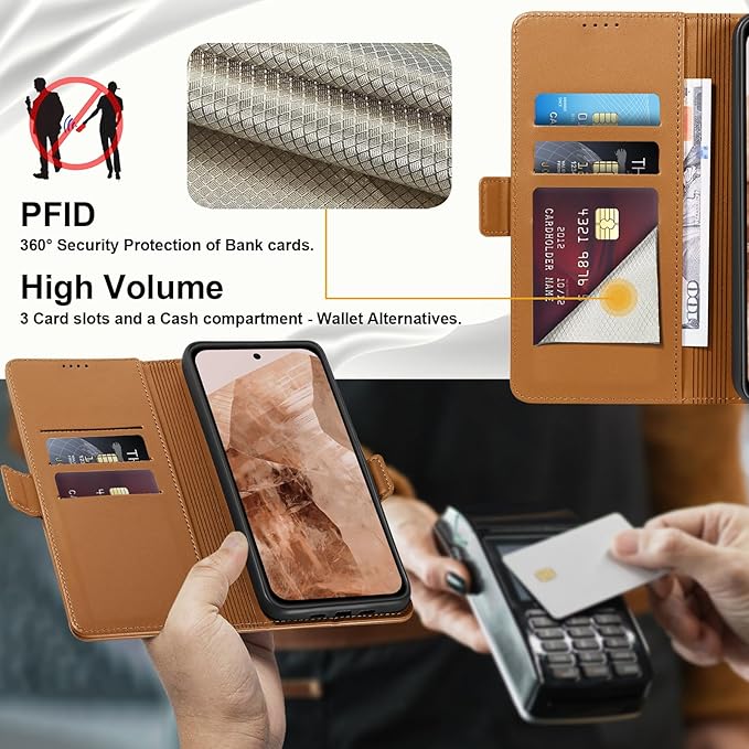 Wallet Flip Case for Google Pixel 8A - [RFID Blocking] Luxury PU Leather Card Holder Magnetic Phone Cover with Kickstand,Shockproof Protective Case,Brown