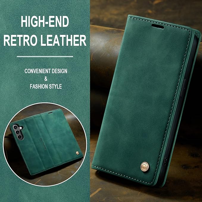 QLTYPRI Case for Samsung Galaxy S24, Vintage PU Leather Wallet Case Card Slot Kickstand Magnetic Closure Shockproof Flip Folio Case Cover for Samsung Galaxy S24 - Dark Green