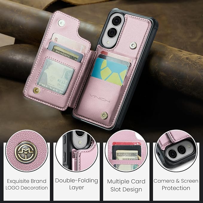 Vinich for Samsung Galaxy S25 Edge Wallet Case with Card Holder, RFID Blocking Credit Slots Kickstand Shockproof Phone Cover for Women Men, Pink