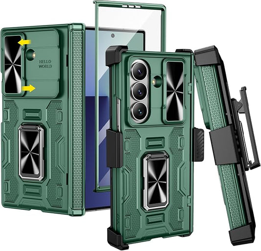 VEGO for Galaxy Z Fold 7 Case with Belt Clip Holster, 360°Ring Magnetic Kickstand & Camera Cover & Front Screen Protector & Hinge Protection Shockproof Armor Case for Samsung Z Fold 7 - Green