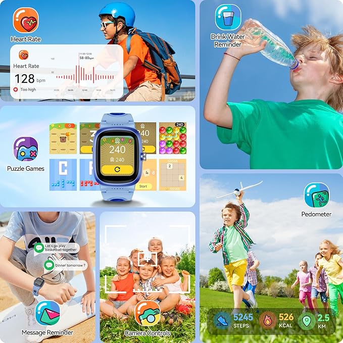 Smart Watch for Boys Girls with Sleep | Health | Activity Tracker, Games, Alarm, IP68 Waterproof Kids Fitness Watch with Pedometer, Family Account, Toys Gifts for Kids Aged 4-16 (Light/Dark Blue)
