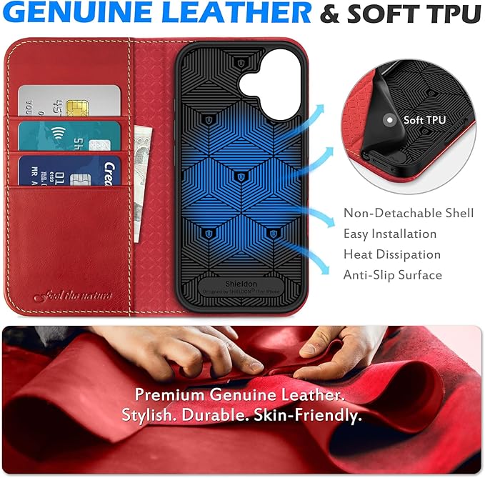 SHIELDON Case Wallet for iPhone 17 5G 6.3" 2025 | Genuine Leather | RFID Blocking Card Holder | Folio Magnetic Closure | Kickstand | Shockproof | Full Protective Cover | Retro Red