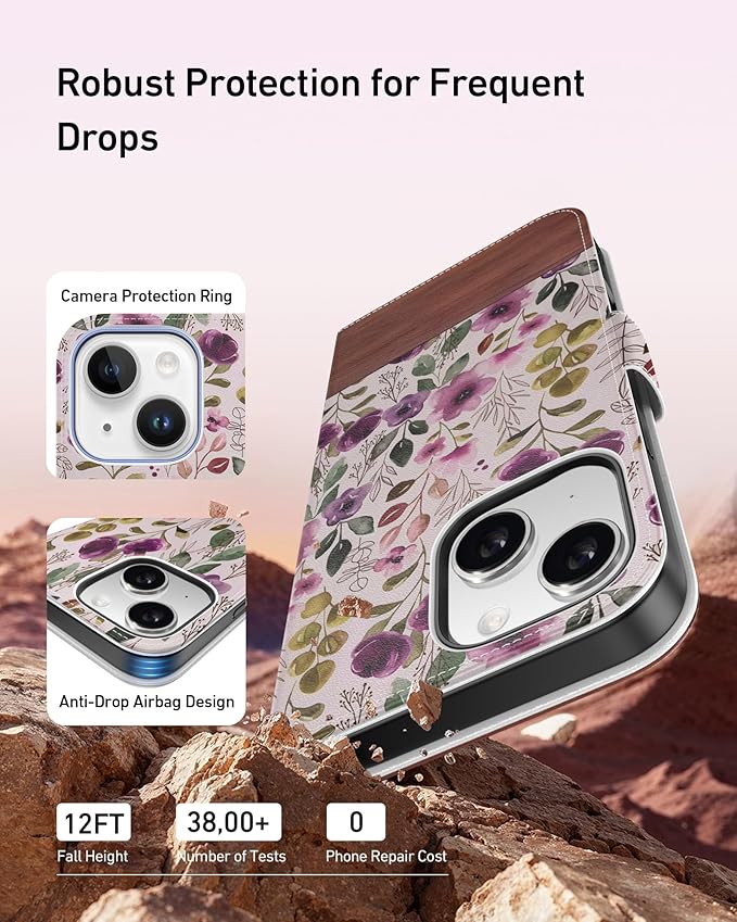 DEENAKIN for iPhone 15 Plus Wallet Case with Card Holder + Cash Clip, RFID-Blocking, Military-Grade Drop Protection, Magnetic Closure with Leather Kickstand - Floral Wallpaper