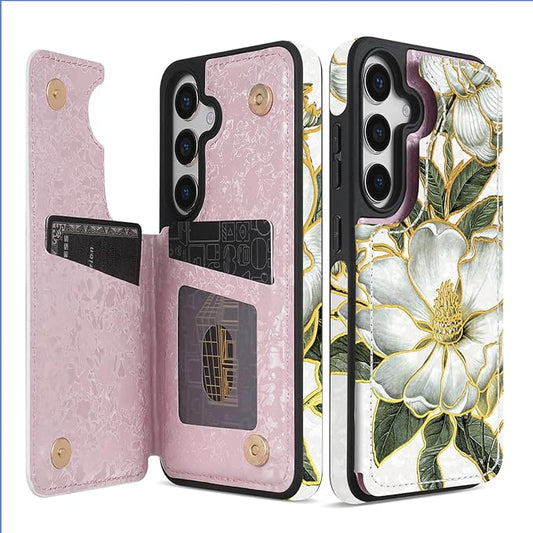 NNH Compatible with Samsung Galaxy S25 Wallet Case with RFID Blocking Card Slots Folio Flip PU Leather Kickstand Double Magnetic Clasp Design Cover for Galaxy S25(6.2 inch-Magnolia Flowers)