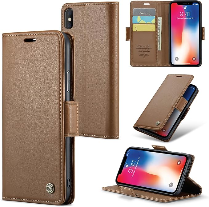 for iPhone Xs Max Case, Premium PU Leather Wallet Case Flip Cover with [RFID Blocking][Card Holder][Stand Function] Shockproof Protective for iPhone Xs Max 6.5", Brown