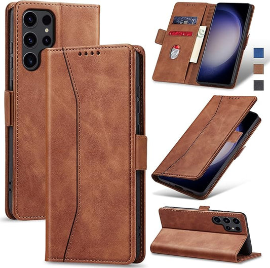 Jasonyu Flip Wallet Case for Samsung Galaxy S23 Ultra 5G,Leather Magnetic Folio Cover with Card Holder,Kickstand - TPU Shockproof Durable Protective Phone Case,Brown