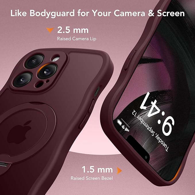 GolbinBox for iPhone 13 Pro Case for Women,[Compatible with Magsafe][360° Spin Magnetic Stand][Cute Wave Edge][Military-Grade Protection] Translucent Matte Phone Case for iPhone 13 Pro, Wine Red