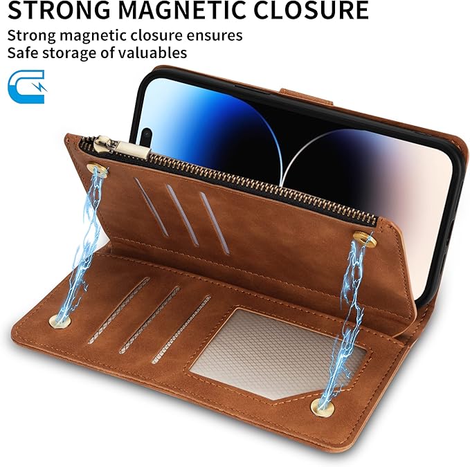 ZZXX for iPhone 14 Pro Max Case Wallet with [RFID Blocking] Card Slot Soft PU Leather Zipper Flip Folio with Wrist Strap Kickstand Protective Cover for iPhone 14 Pro Max Wallet Case(Brown-6.7 inch)