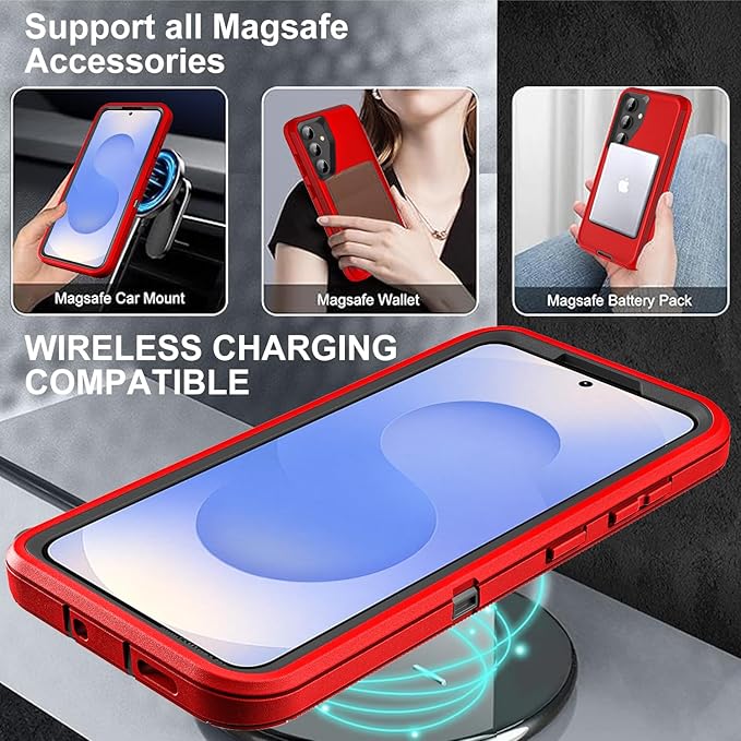 for Samsung Galaxy S25 Case, ONLY, [NOT FIT Galaxy S25 Edge/S25 Plus/S25 Ultra], Compatible with Magsafe, with 2Pcs Tempered Glass Screen Protector & Camera Lens Protector (New-Red/Black)