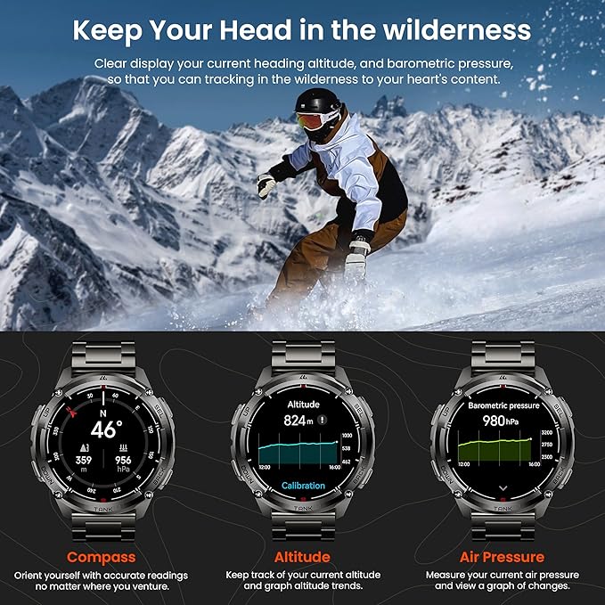 KOSPET Tank T3 Ultra 2 GPS Smart Watch for Men, Extra-Long Battery, Full Stainless Steel Body Rugged Smartwatch with Bluetooth Calling, Pressure&Altitude&Compass(2 Bands)